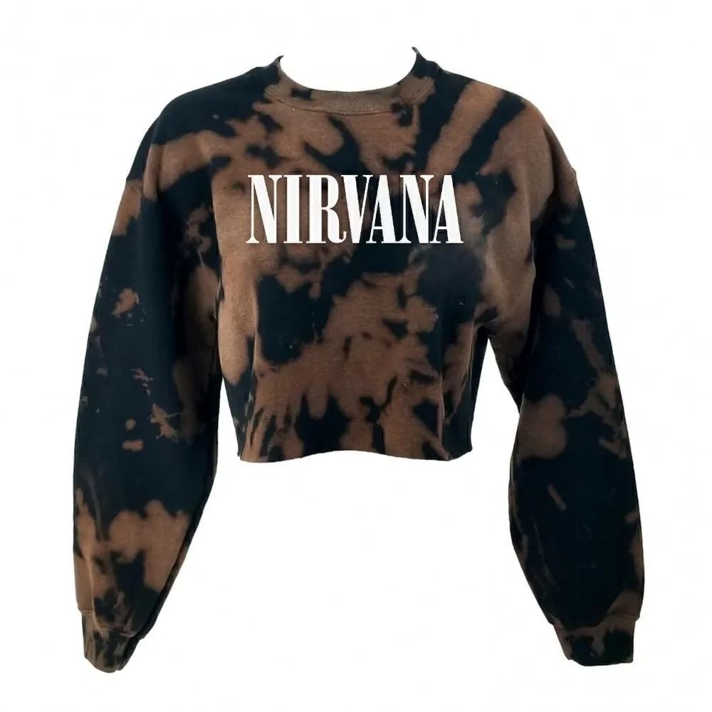 NIRVANA Acid Wash, Distressed "Cropped" Crop Top Long Sleeve Crewneck Sweatshirt